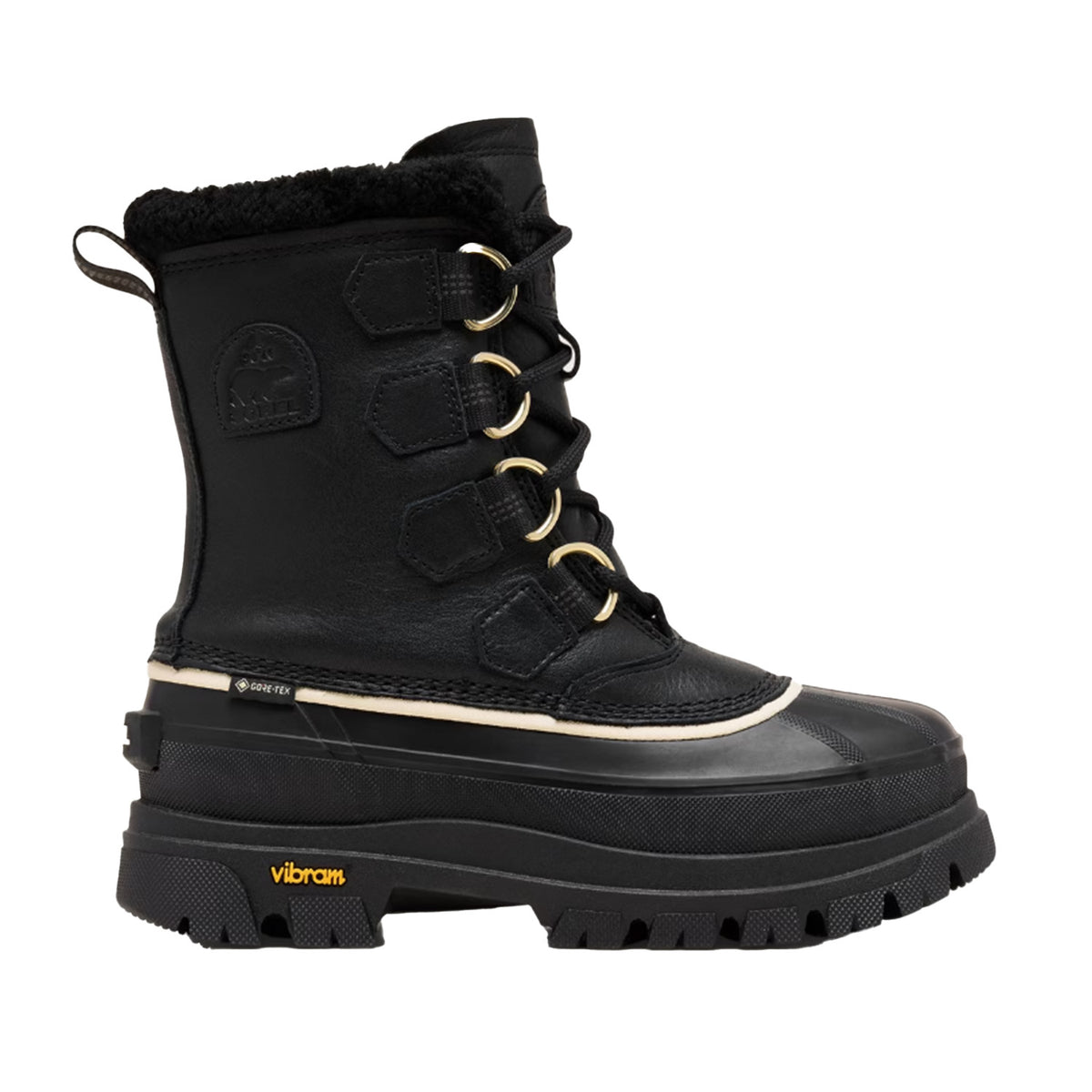 tall black lace-up waterproof winter boot with shearling collar on an off-white background
