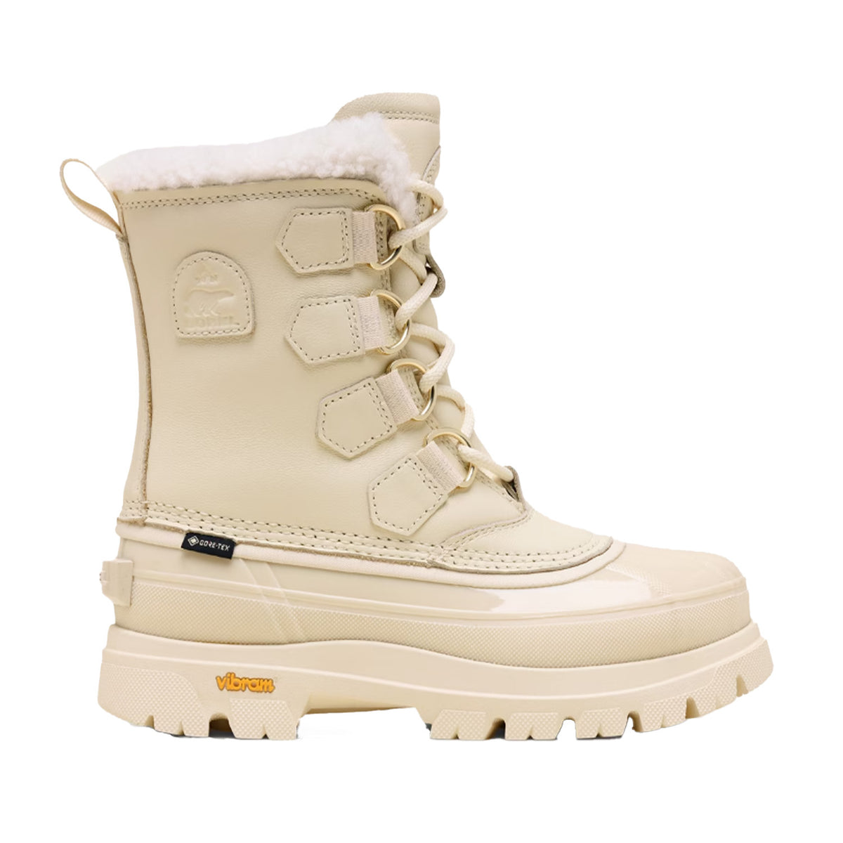 tall beige lace-up waterproof winter boot with shearling collar on an off-white background