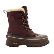 tall reddish-brown lace-up waterproof winter boot with shearling collar on an off-white background