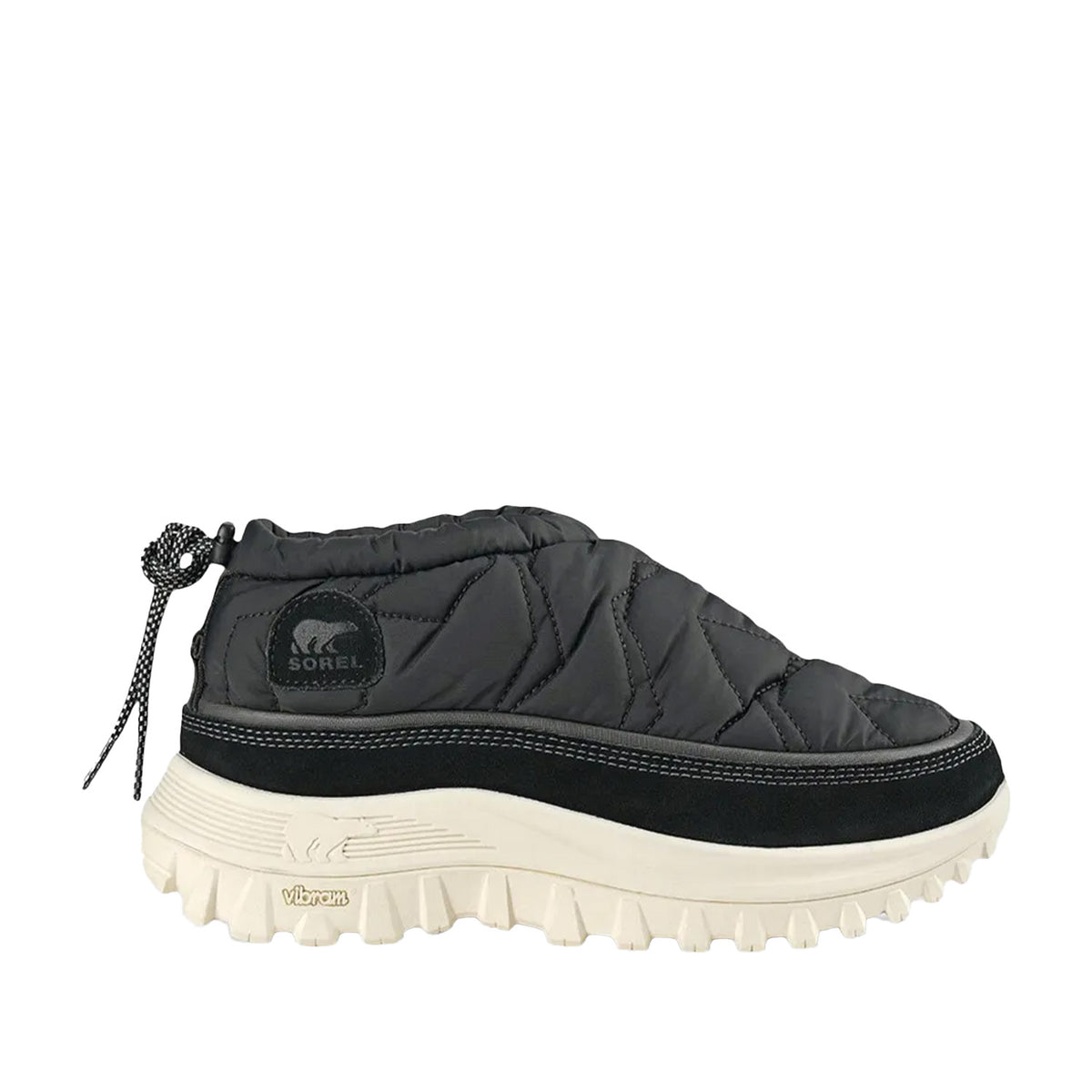 black quilted nylon ankle boot on a white background