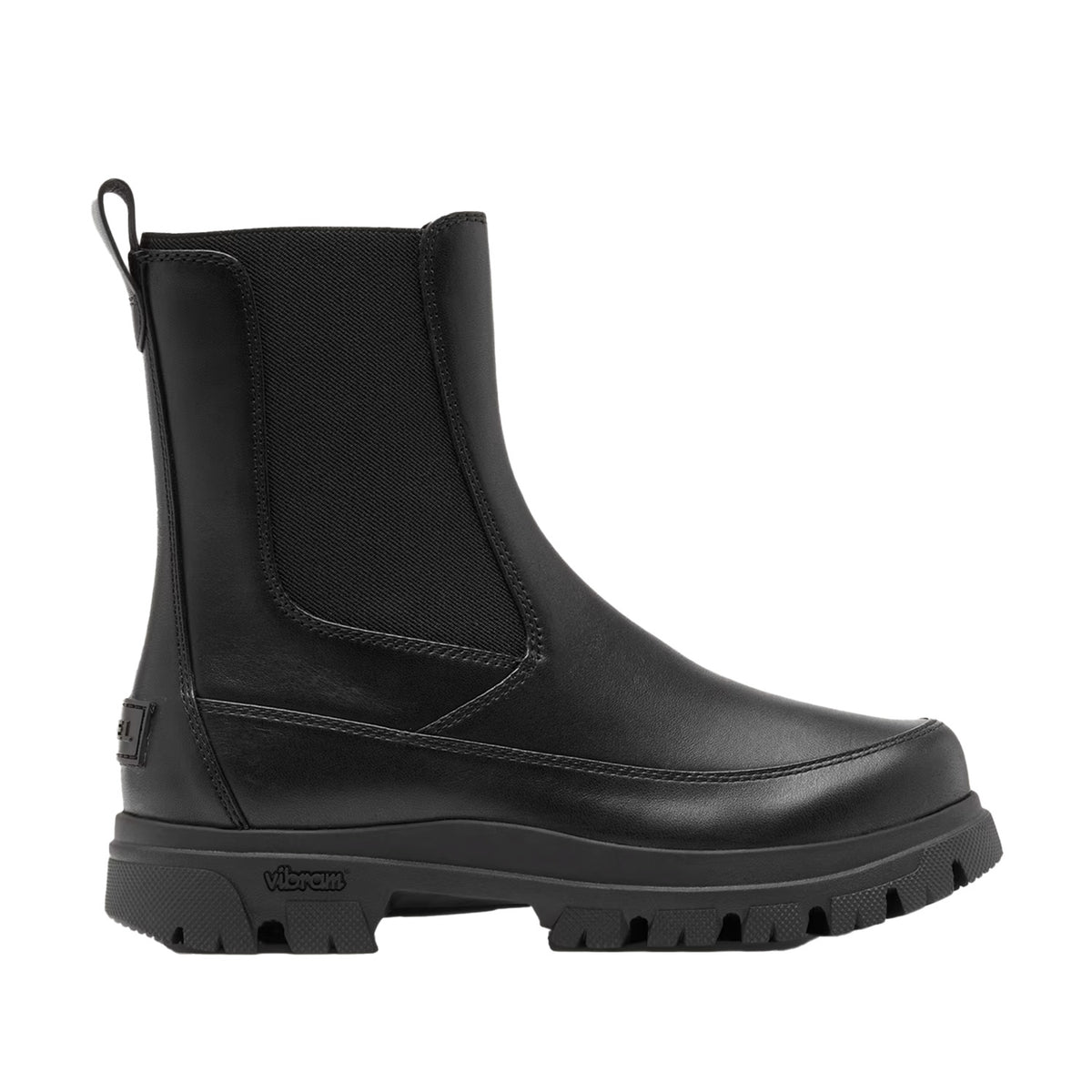 black waterproof leather chelsea boot on a white background