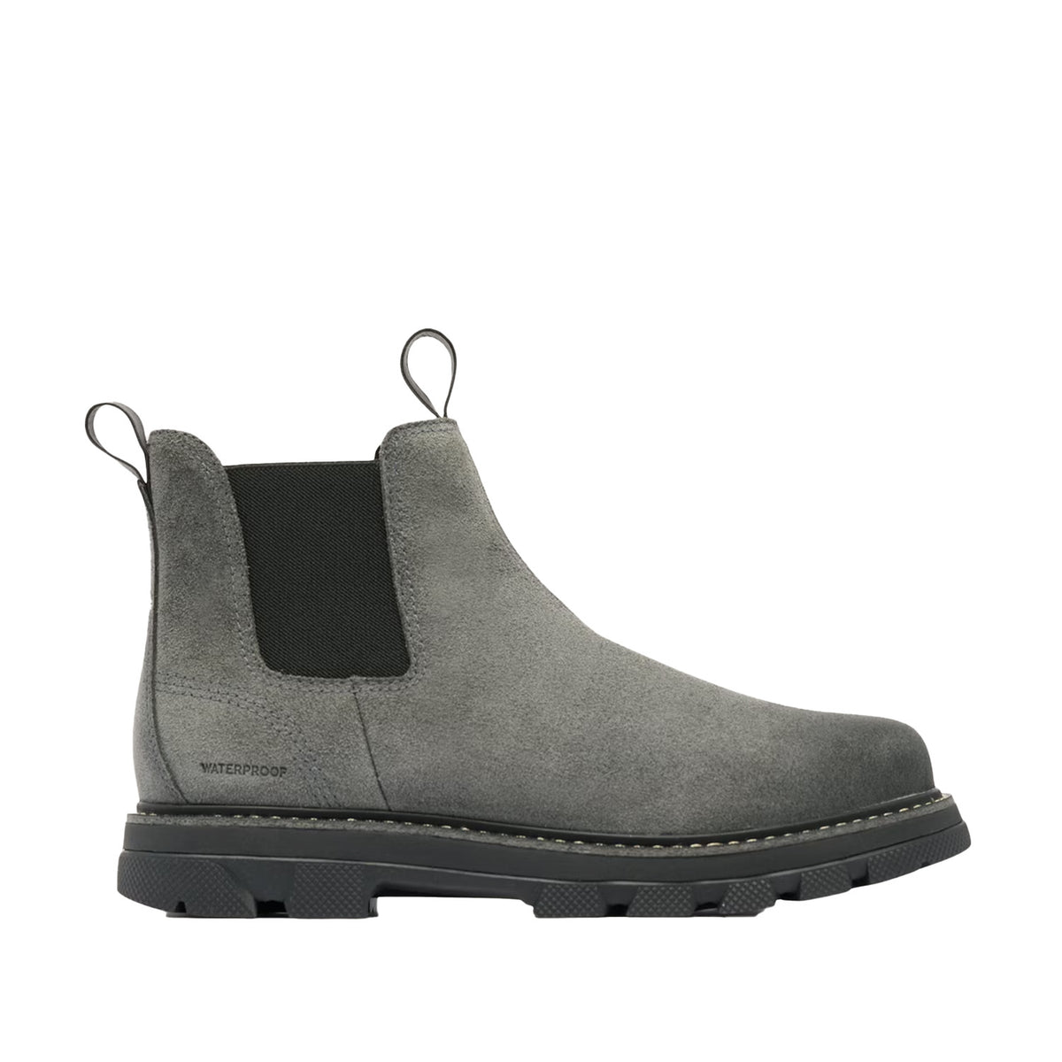 grey suede waterproof chelsea boot on a white background
