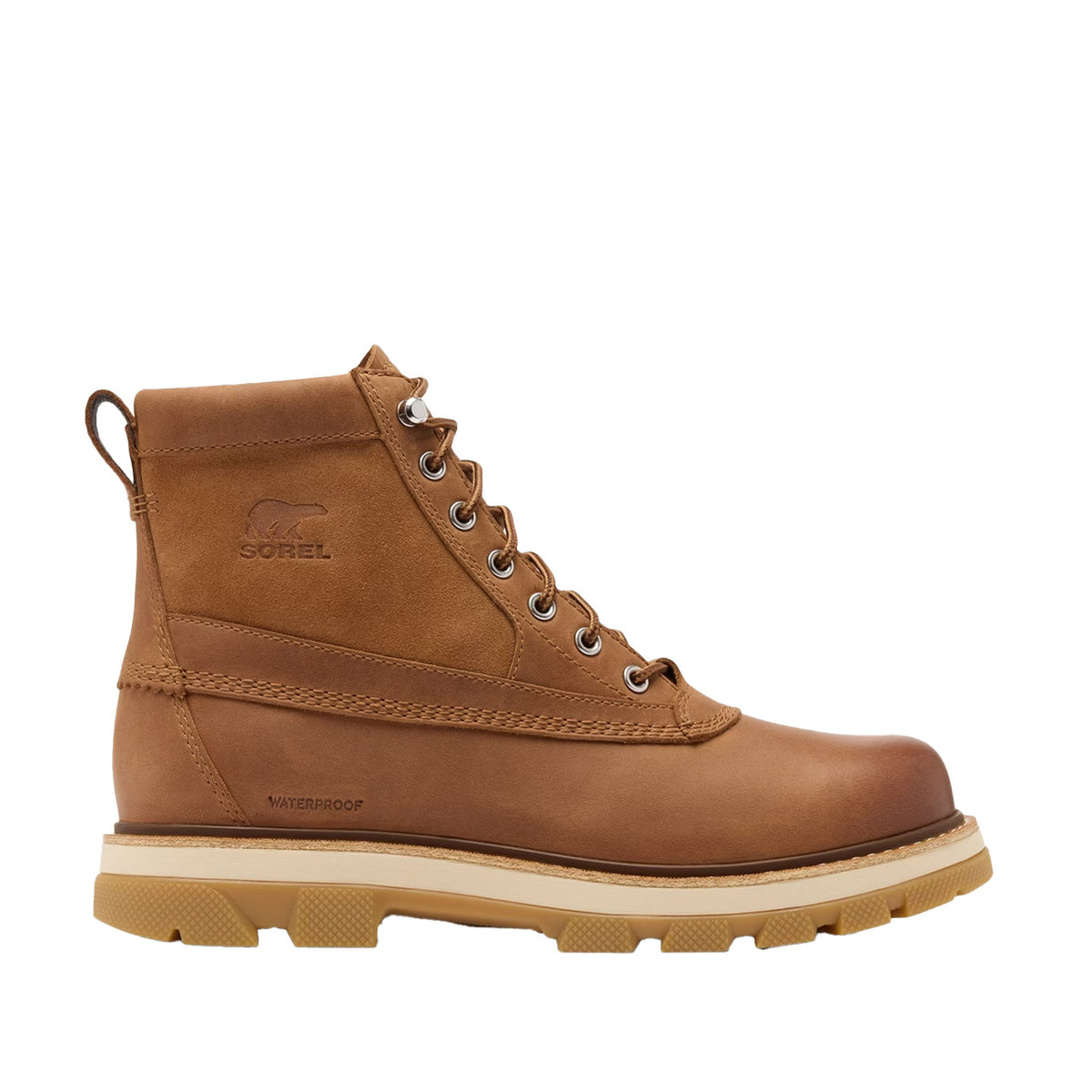 tan leather waterproof combat boot on a white background