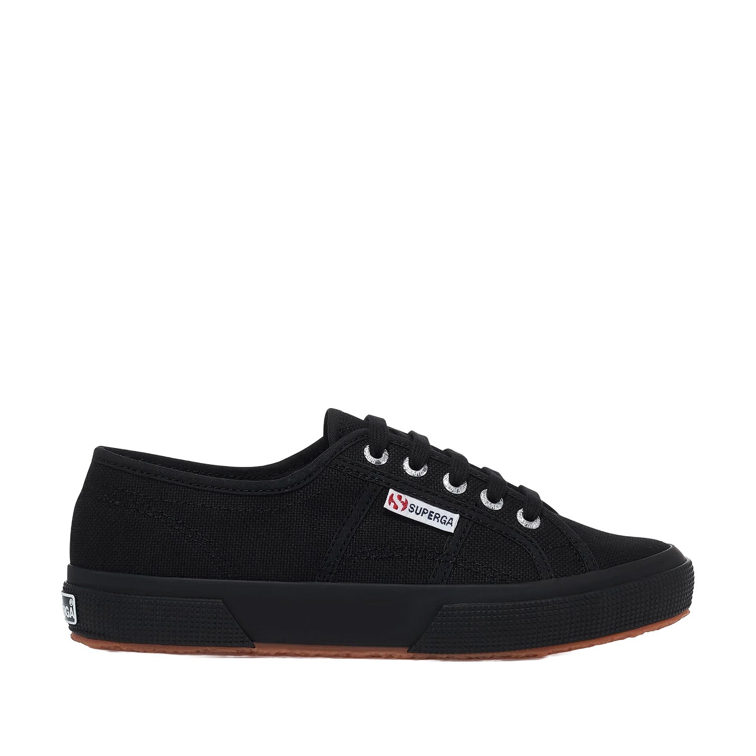 Black lace-up sneaker with a brand label on a white background