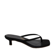 Black suede flip flop kitten heel sandal on white background