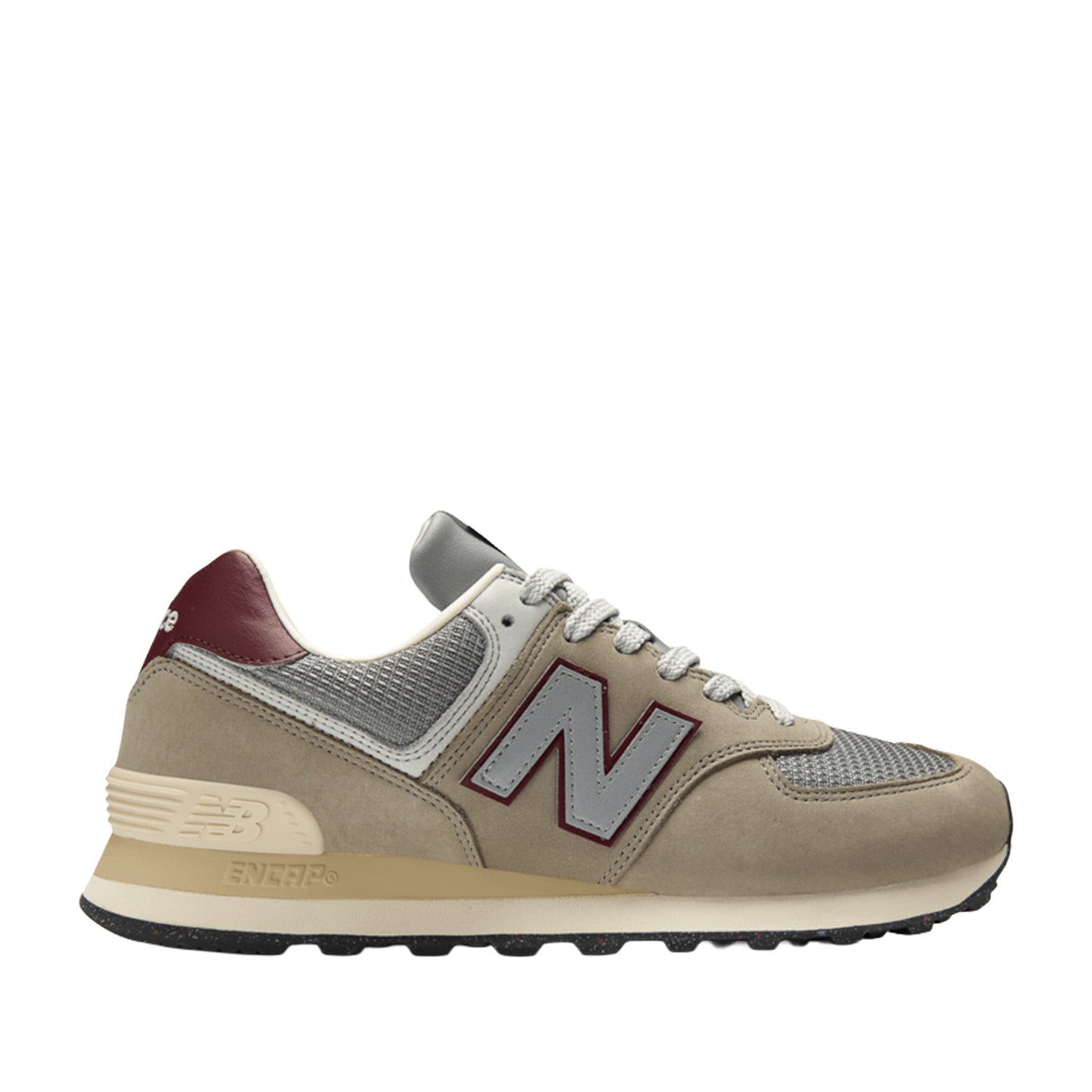 New Balance Unisex 574 in Arid Stone with Monarch Burgundy