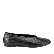 Black braided leather slip-on ballet flat on a white background