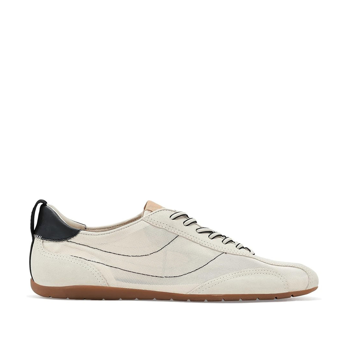 white mesh and suede low-profile lace-up sneaker on a white background