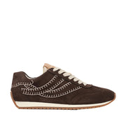 dark brown suede retro contrast stitching sneaker on a white background