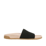 Black slip-on slide sandal on a white background.