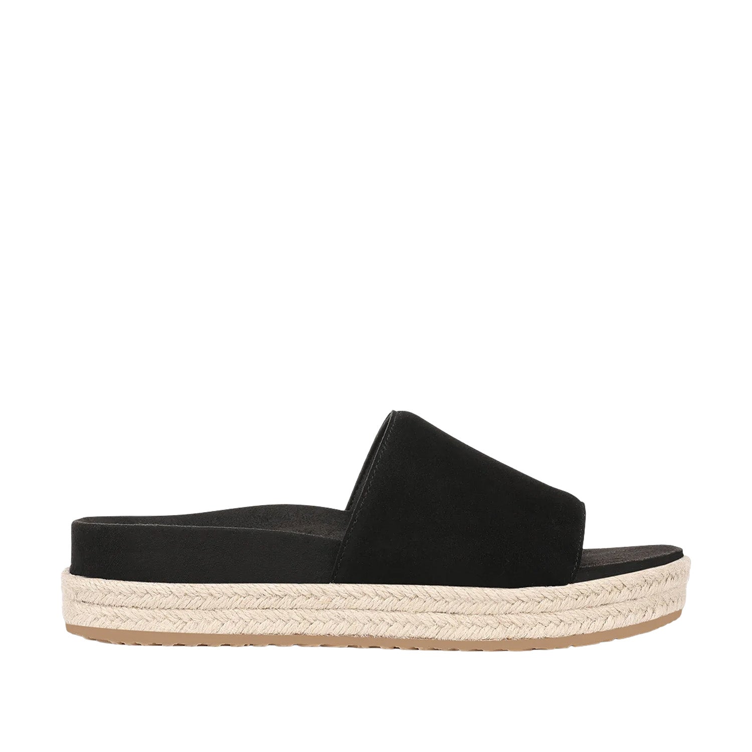 Black slip-on slide espadrille sandal on a white background.