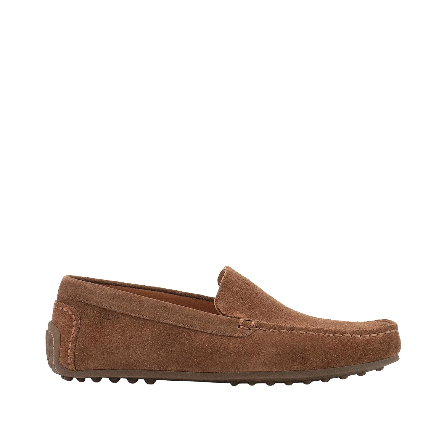 Brown suede loafer with sleek profile and lugged sole. 