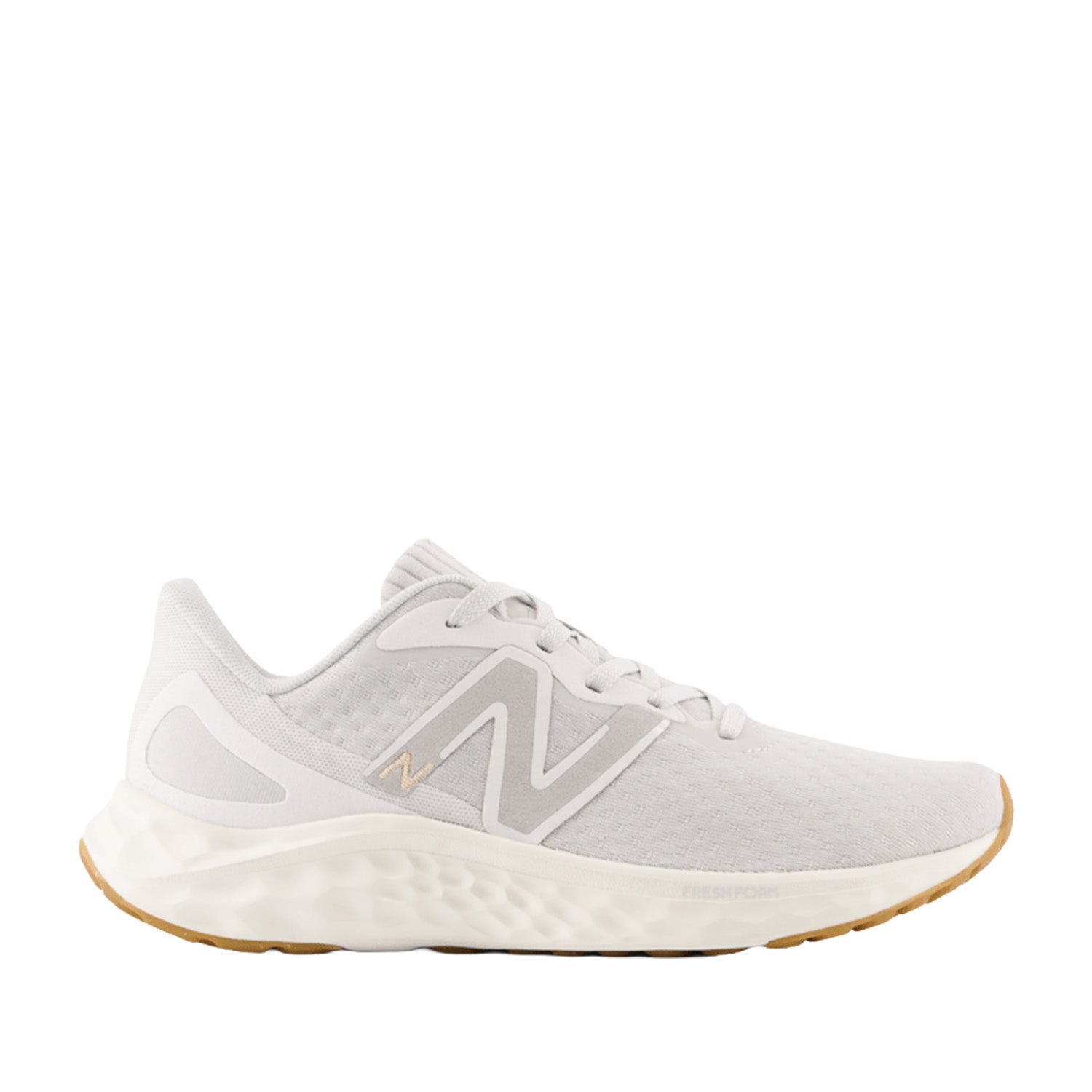 New Balance Women's Fresh Foam Arishi v4 in Summer Fog with Nimbus Cloud, Light Gold, Metallic, and Gum 020