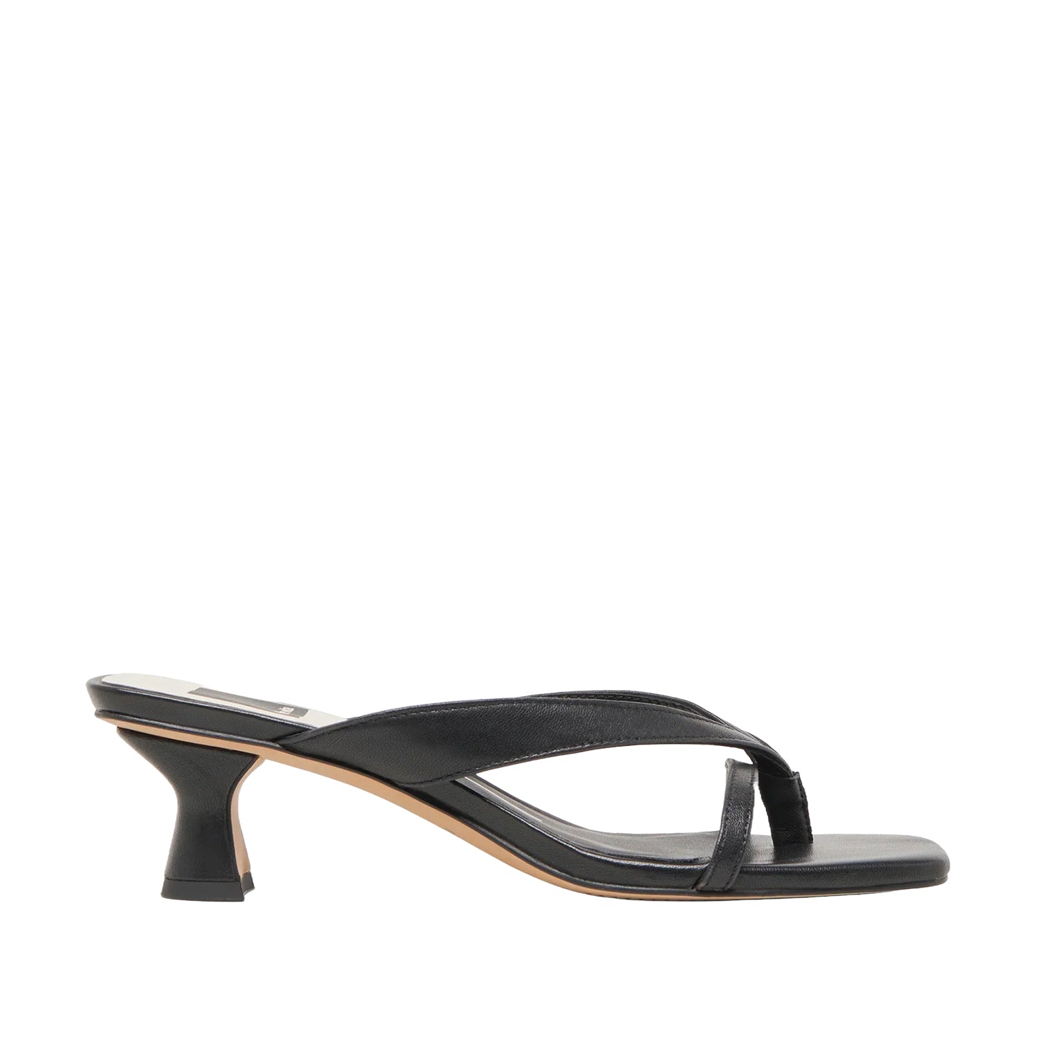 Black sandal with a thin strap on a white background