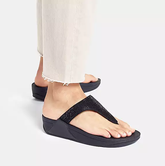 Black rhinestone thong toe-post flip flop sandal. 