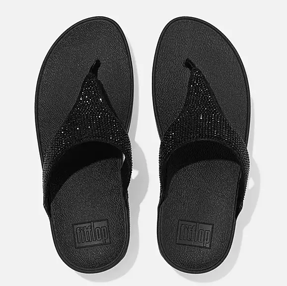 Black rhinestone thong toe-post flip flop sandal. 