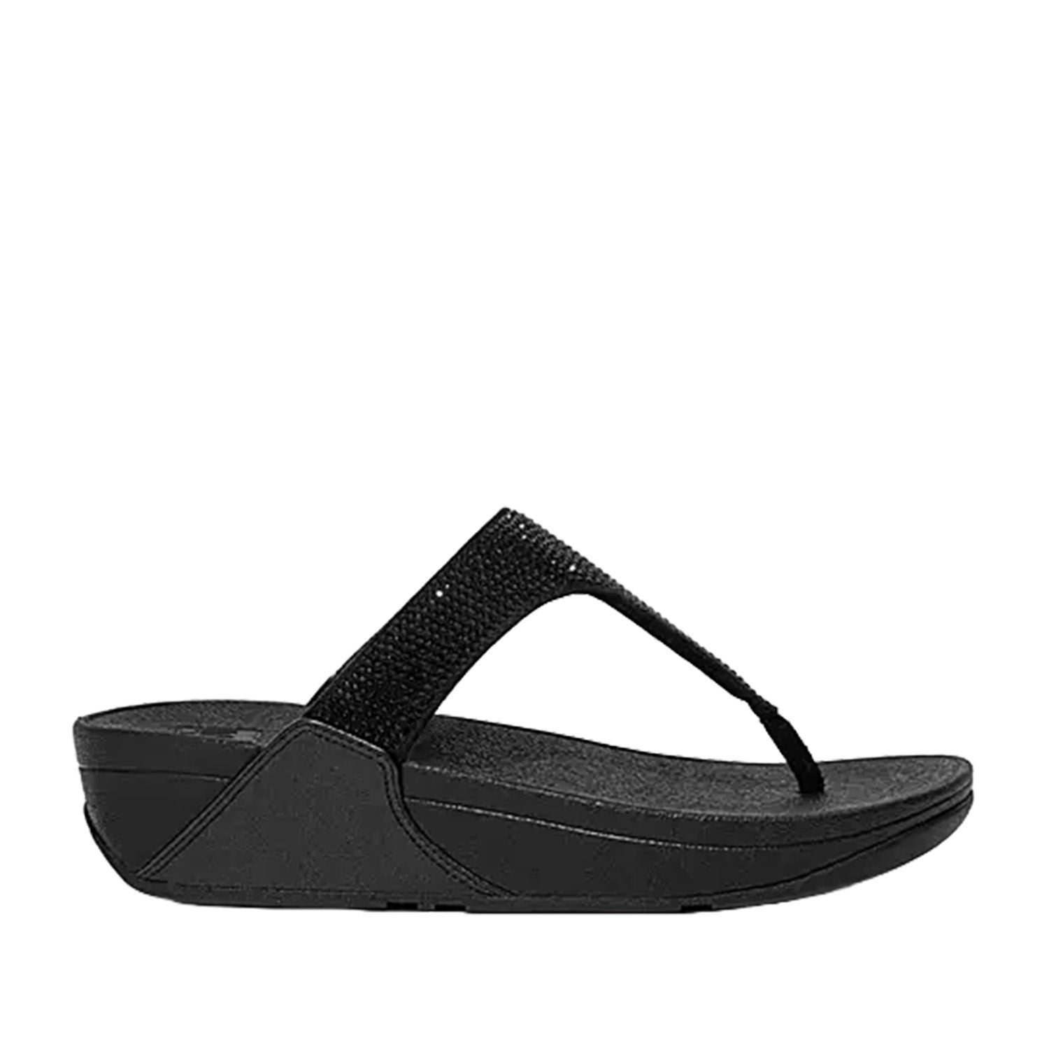 Black rhinestone thong toe-post flip flop sandal. 