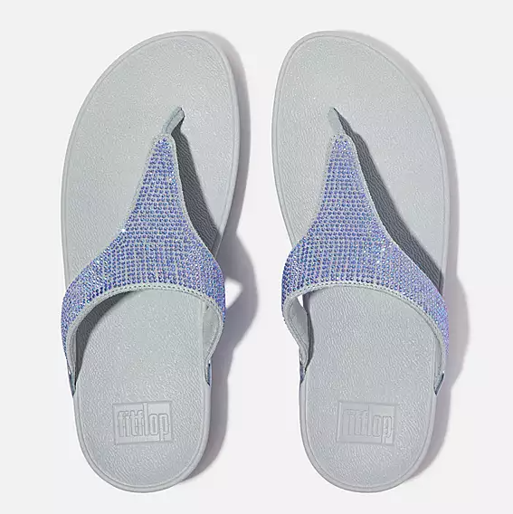 Light blue rhinestone leather thong toe-post flip flop sandal with low wedge.