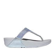 Light blue rhinestone leather thong toe-post flip flop sandal with low wedge.