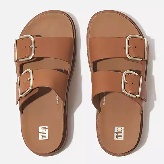 Fitflop Women's Gen-FF Buckle Two Bar Leather Slide in Light Tan