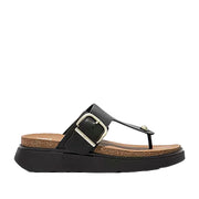 Black leather toe-post sandal with gold buckle. 