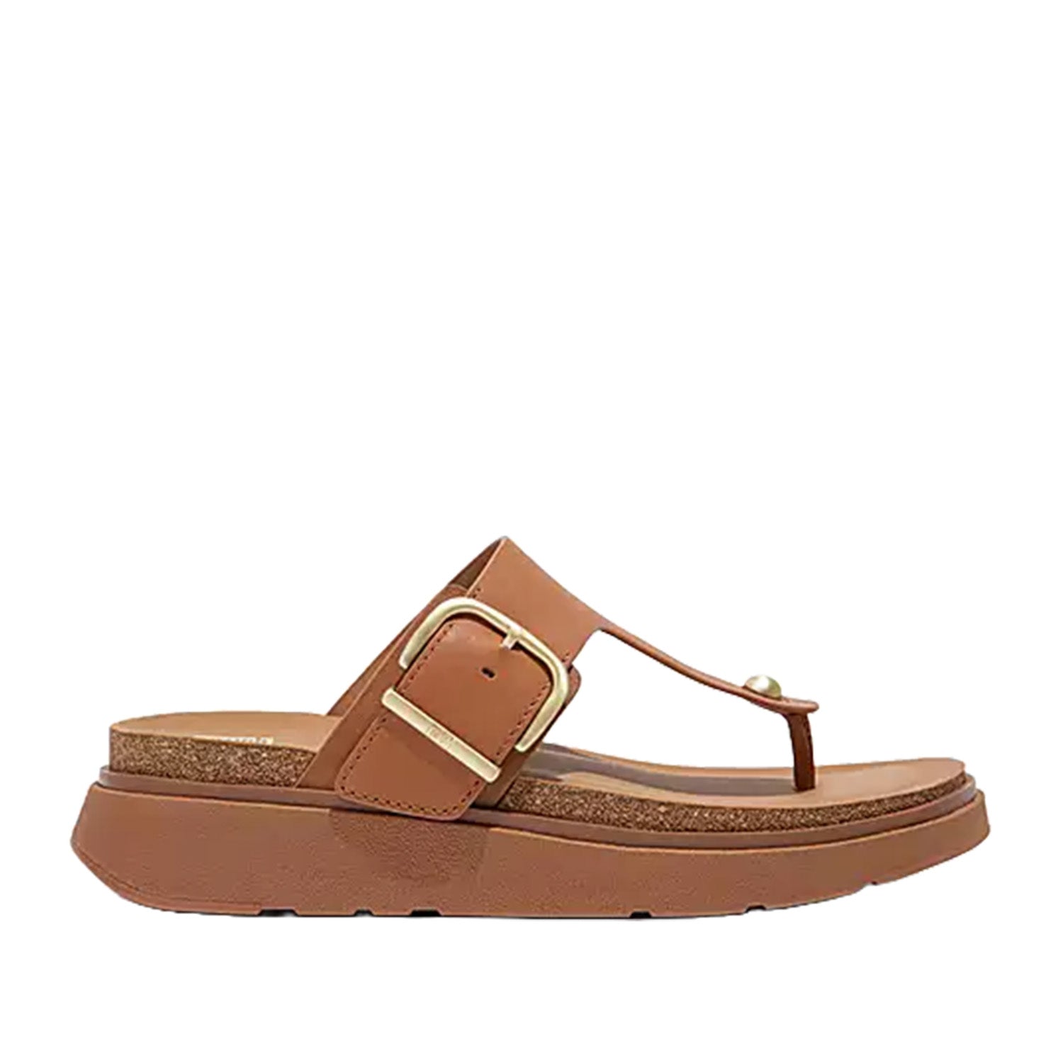 Light brown leather toe-post sandal with gold buckle. 