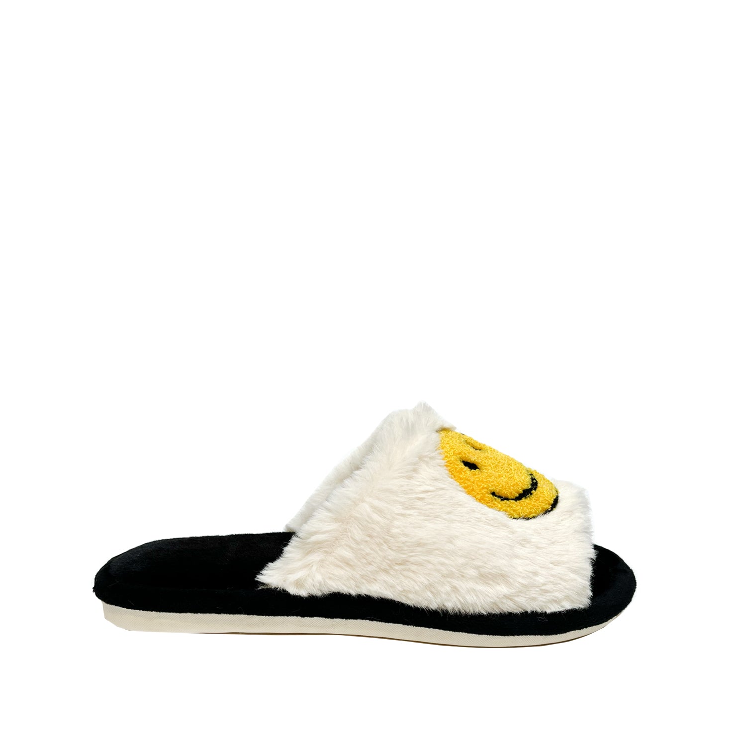 FLOOF Open Toe Fluffy Smile Slippers in Black & White