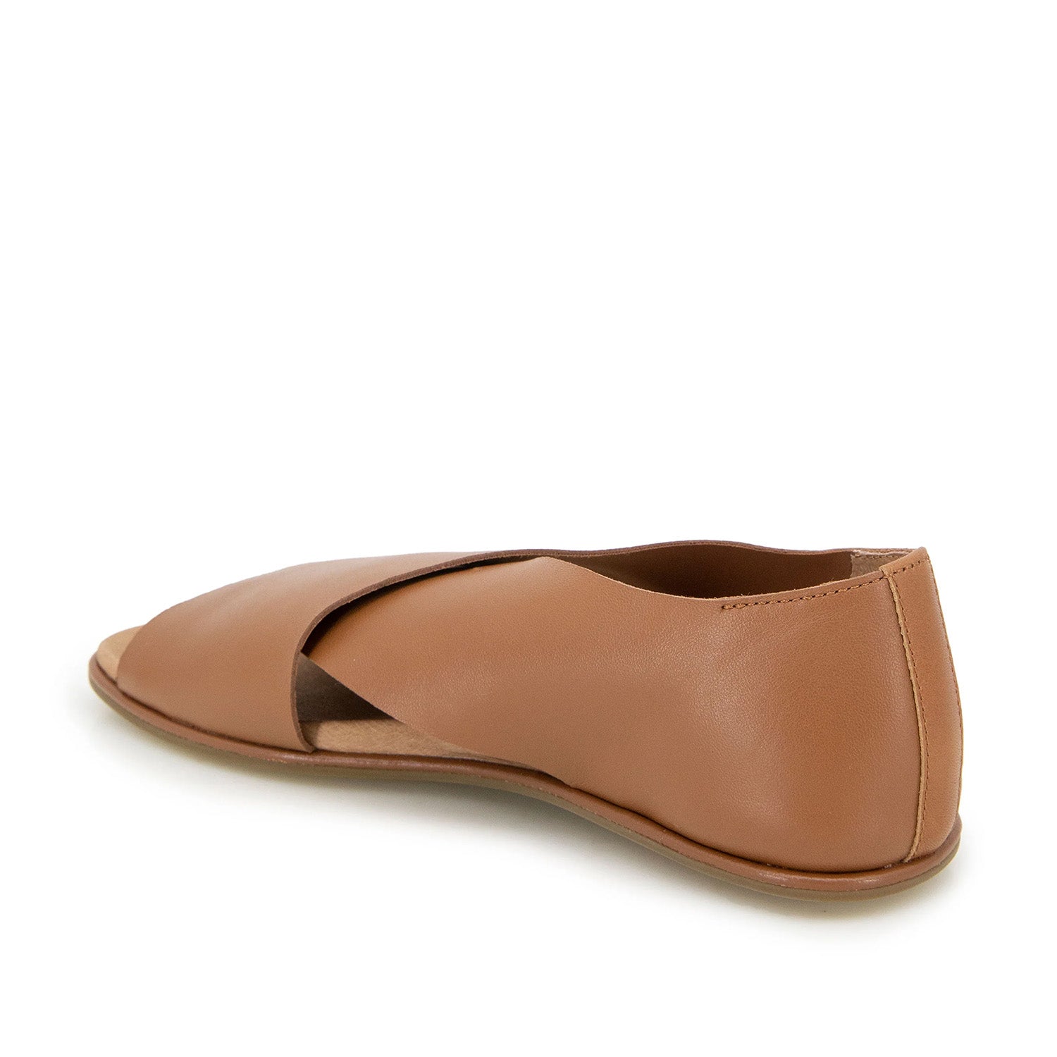 Brown leather flat sandal with a crossover strap and a peep-toe. 