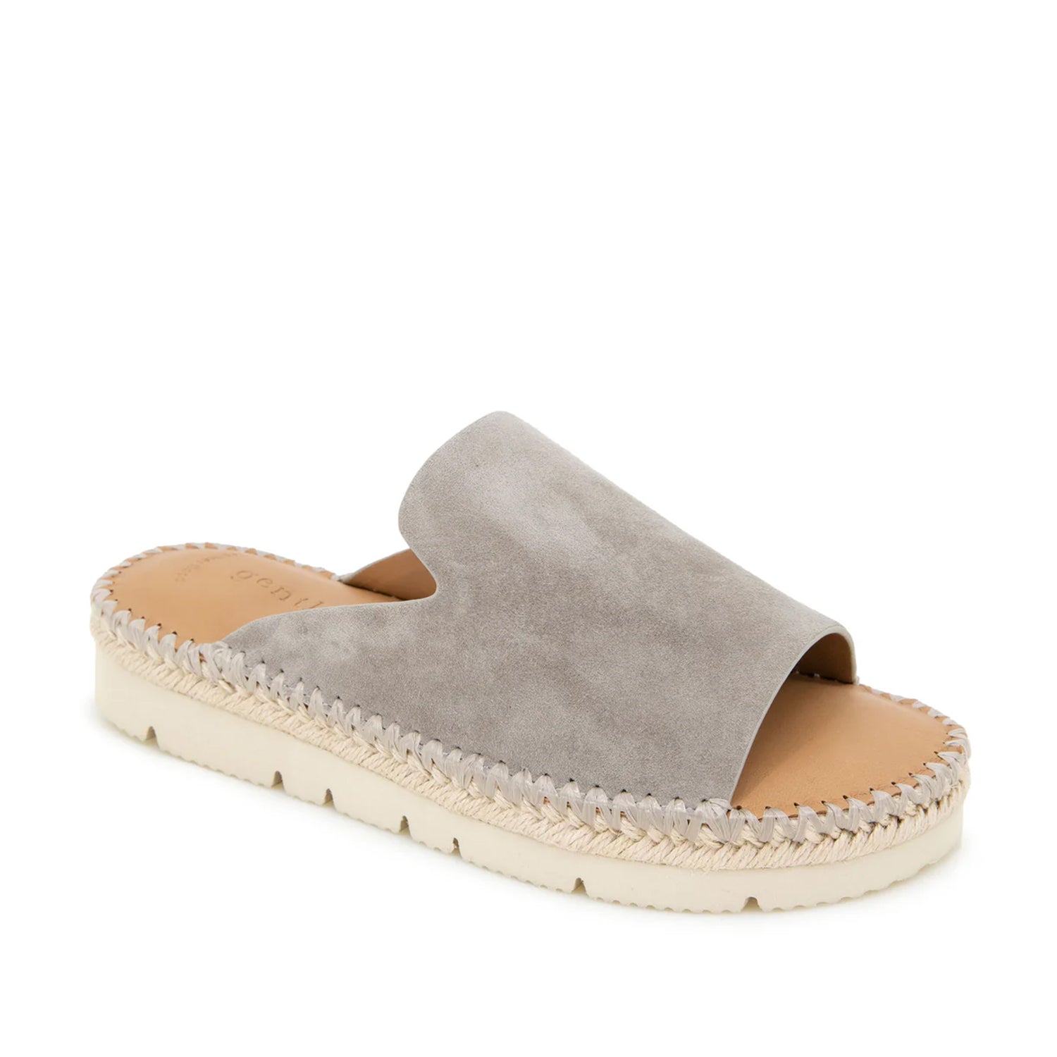 Beige grey suede espadrille flatform mule with a peep toe. 