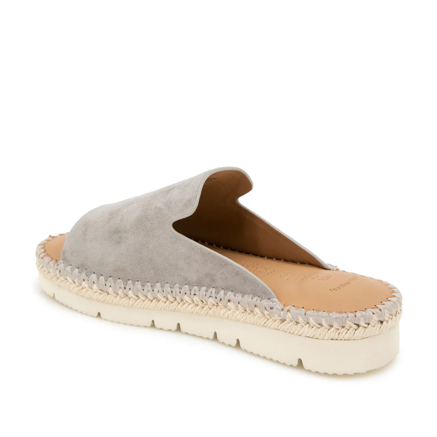 Beige grey suede espadrille flatform mule with a peep toe. 