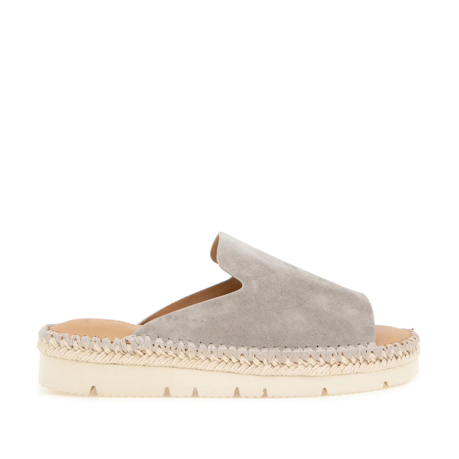 Beige grey suede espadrille flatform mule with a peep toe. 