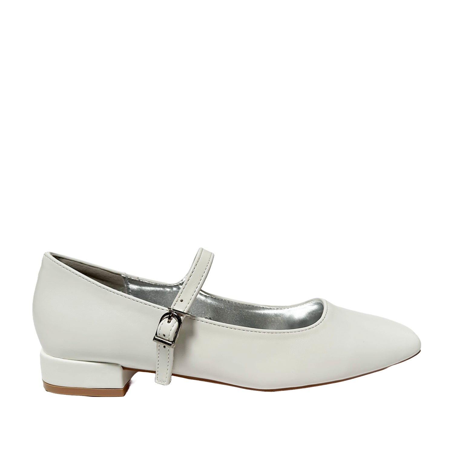 White mary-jane with a square toe, low heel, and adjustable strap on a white background. 