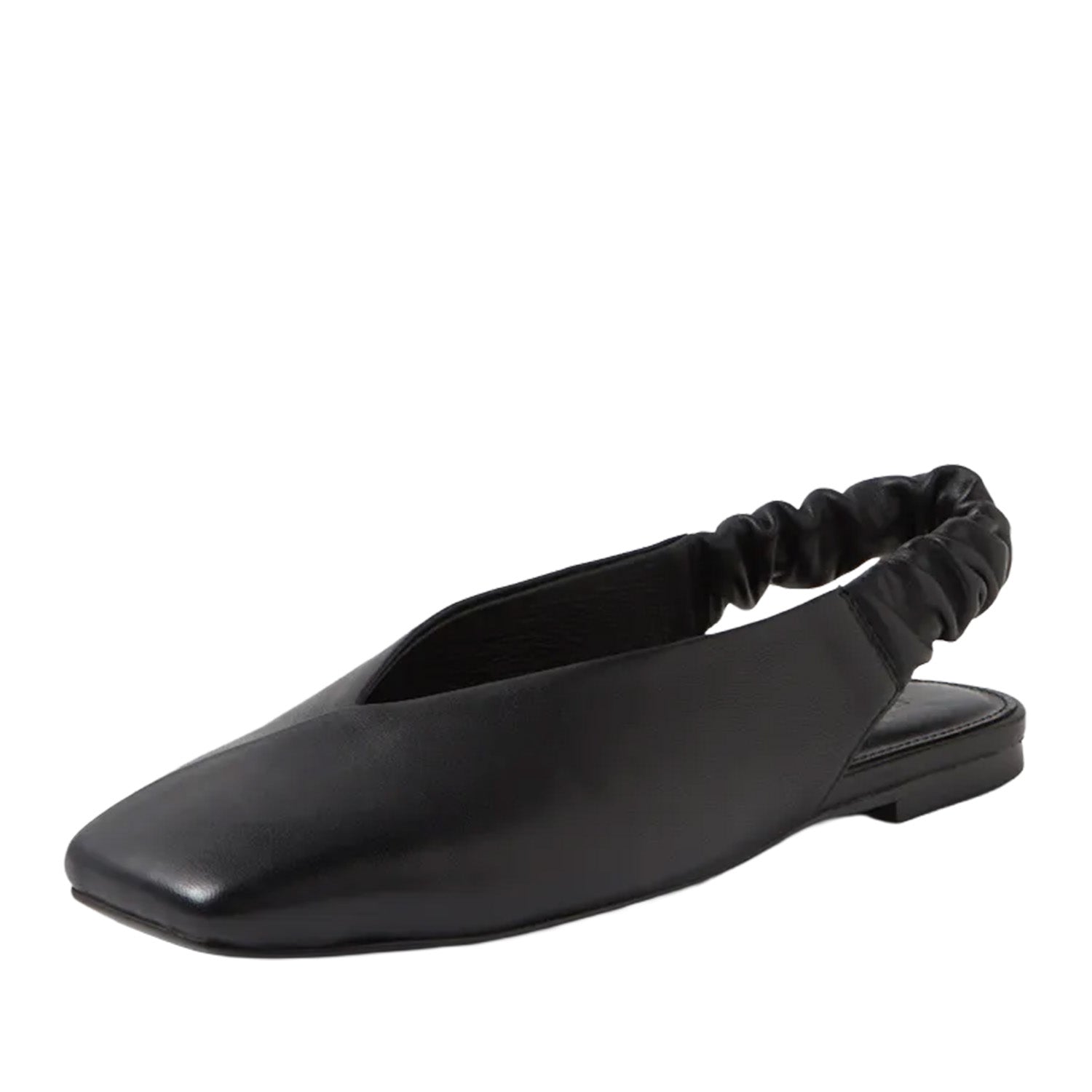 Black loafer with scrunch backstrap on a white background