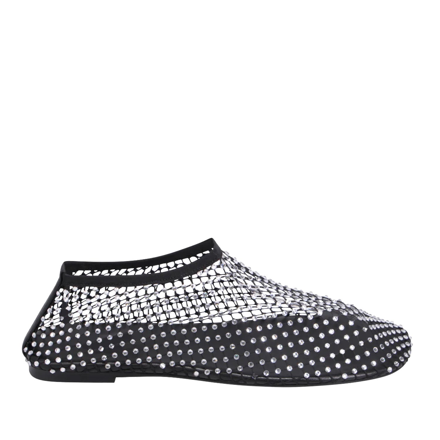 Black mesh flat with rhinestone detailing on a white background.