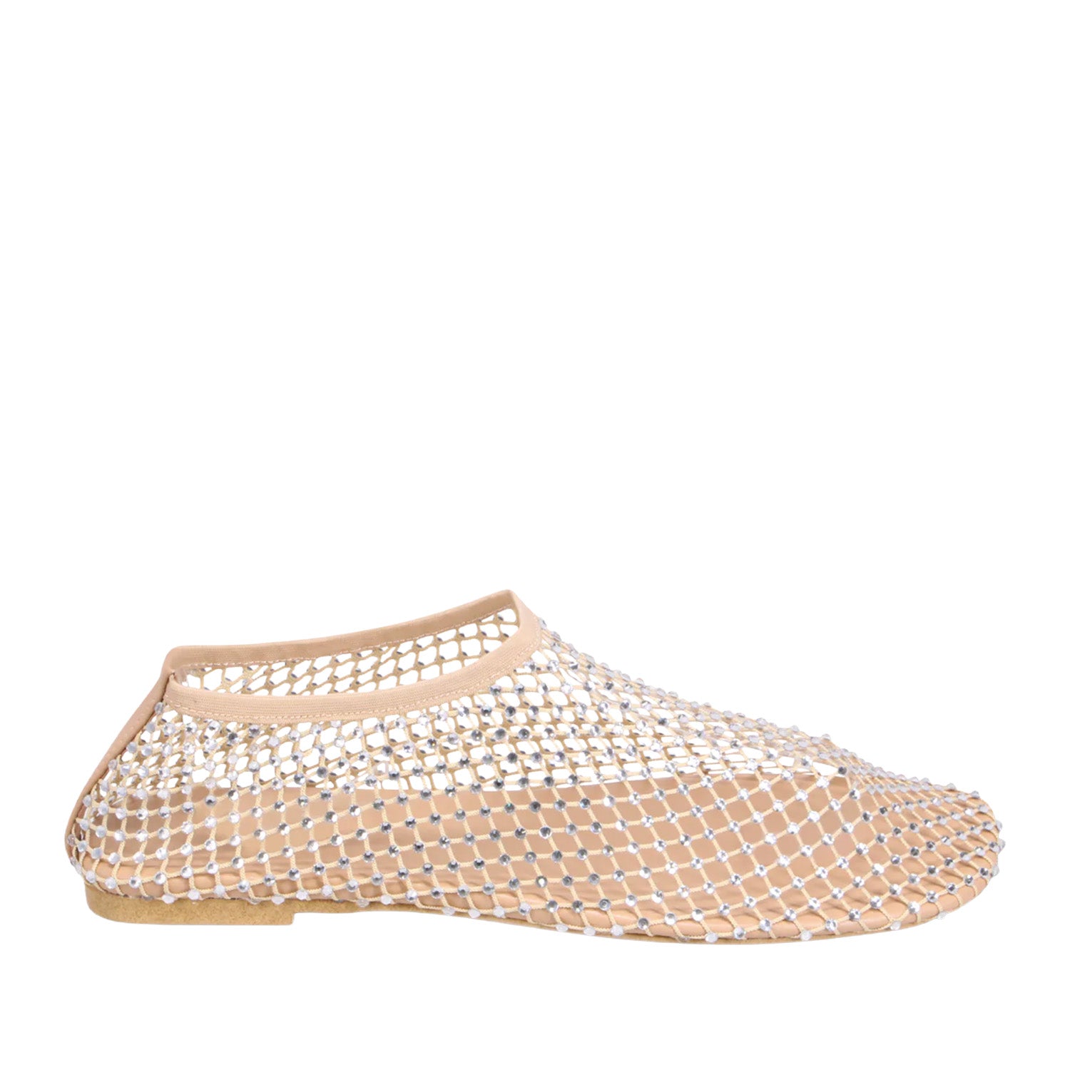 Light beige mesh flat with rhinestone detailing on a white background.