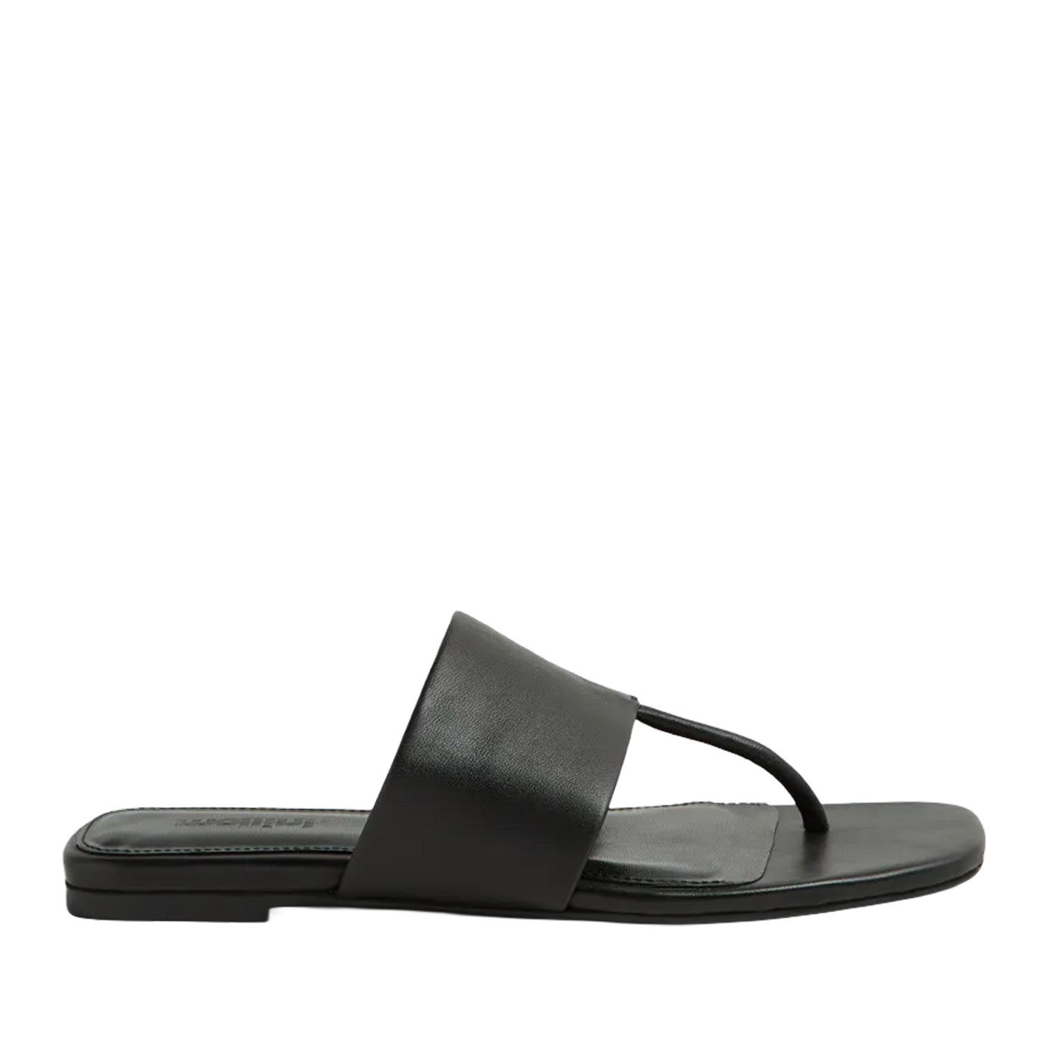 Black leather slip-on sandal with a thick upper strap and toe-post, on a white background.
