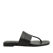 Black leather slip-on sandal with a thick upper strap and toe-post, on a white background.