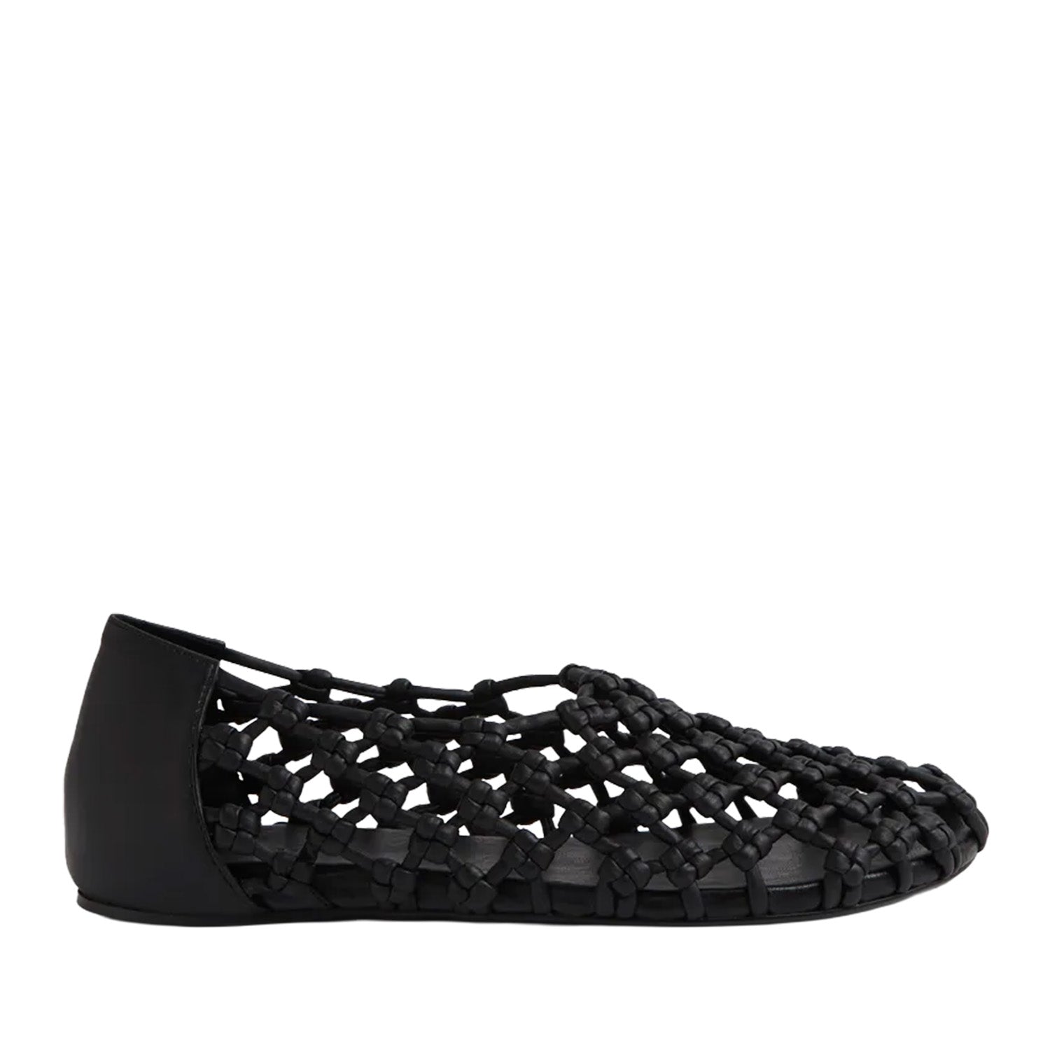 Black woven flat sandal on a white background.