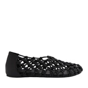Black woven flat sandal on a white background.