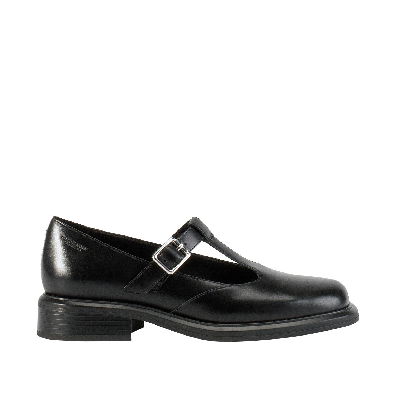 Black leather mary-jane loafers with a t-strap detail and adjustable buckle