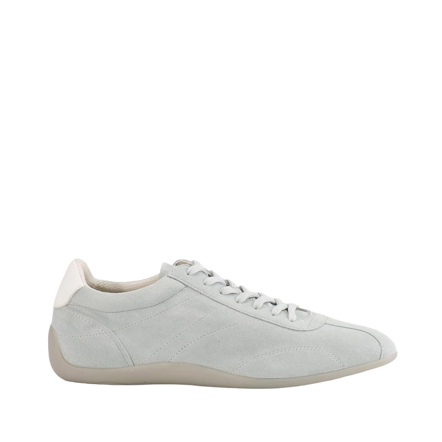 Light blue suede lace-up slim sneaker on a white background.