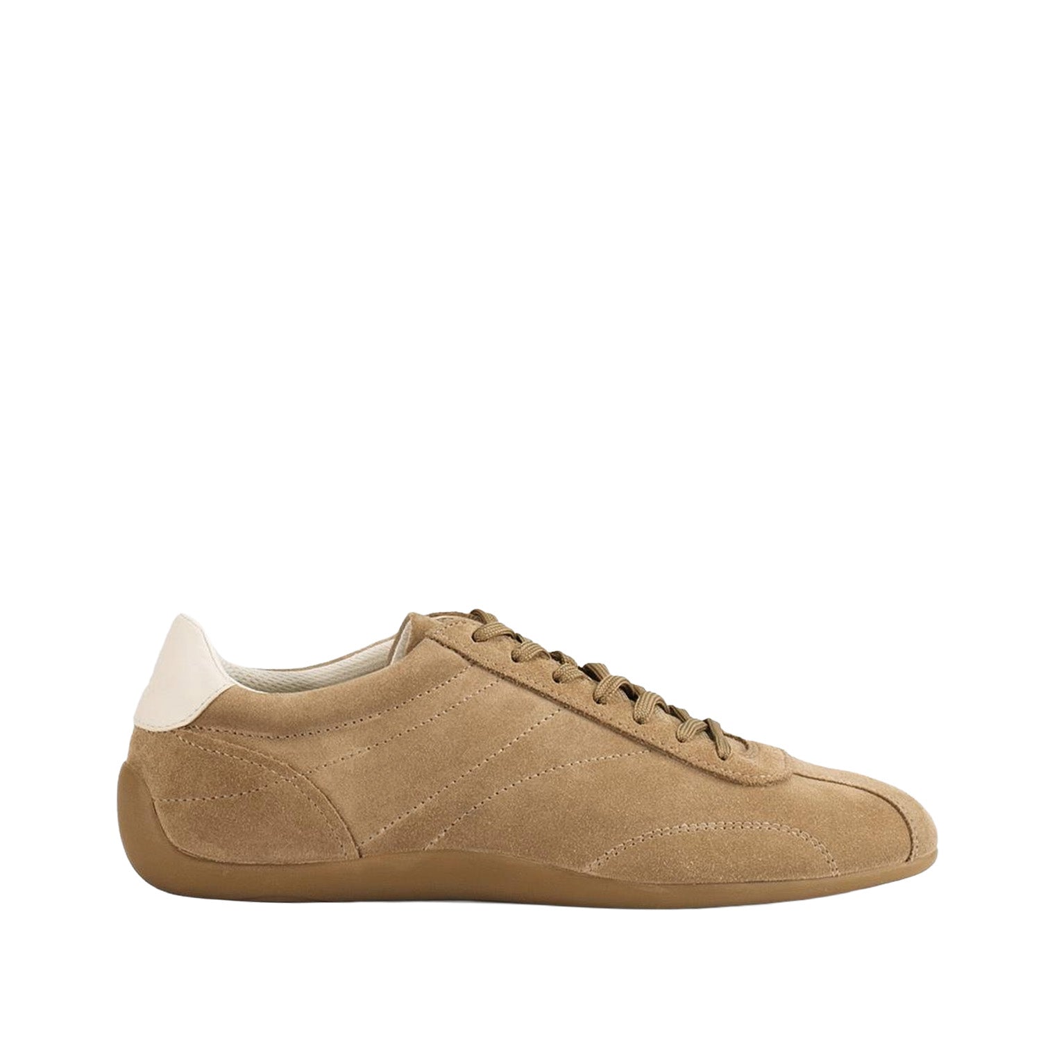 Light brown suede lace-up slim sneaker on a white background.