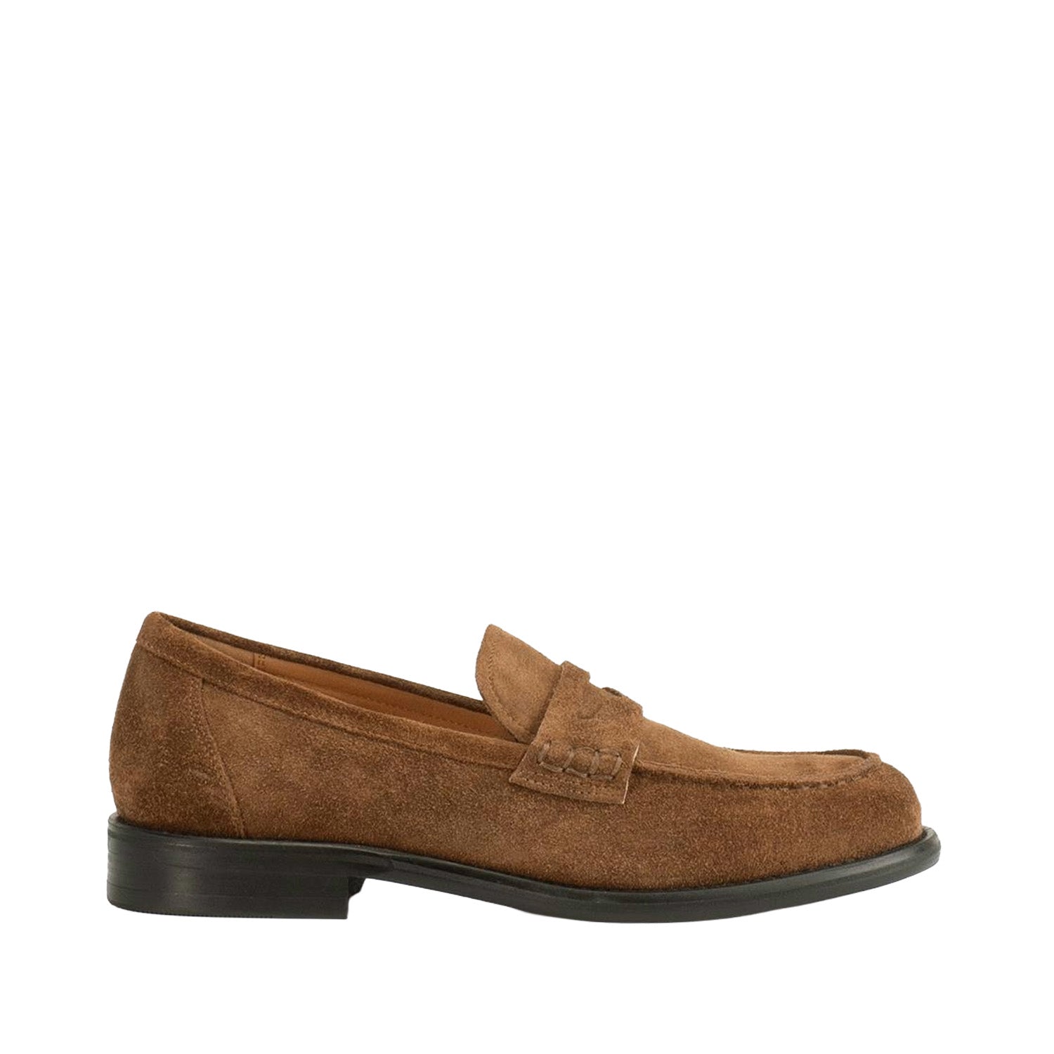 Brown suede penny loafer with low heel. 