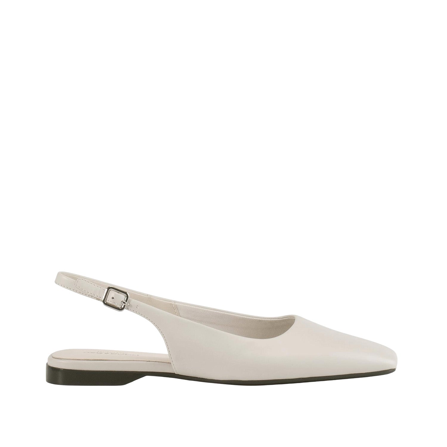 White leather slingback flats with an adjustable strap. 