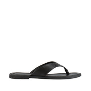 Black leather flip flop with medium to thick toe-post strap. 