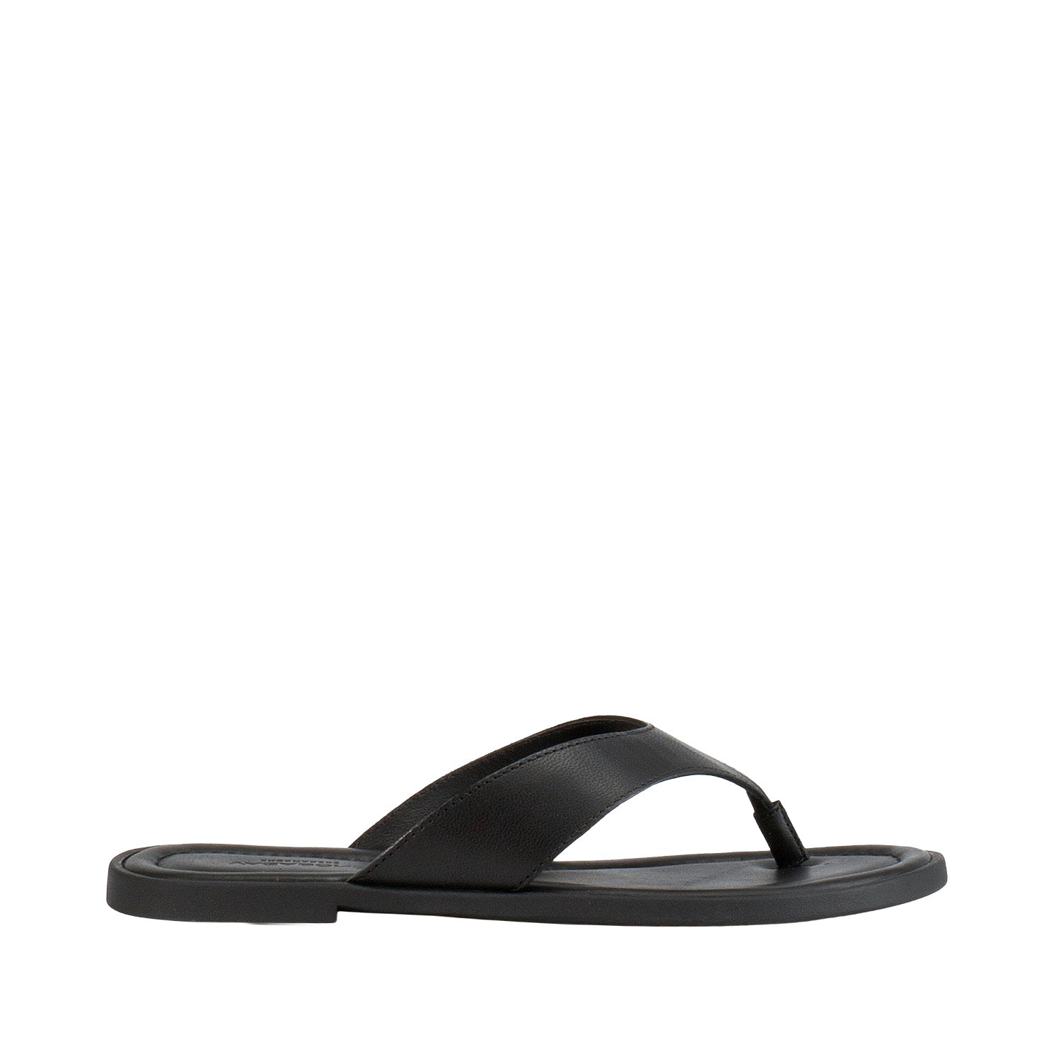 Black leather flip flop with medium to thick toe-post strap. 