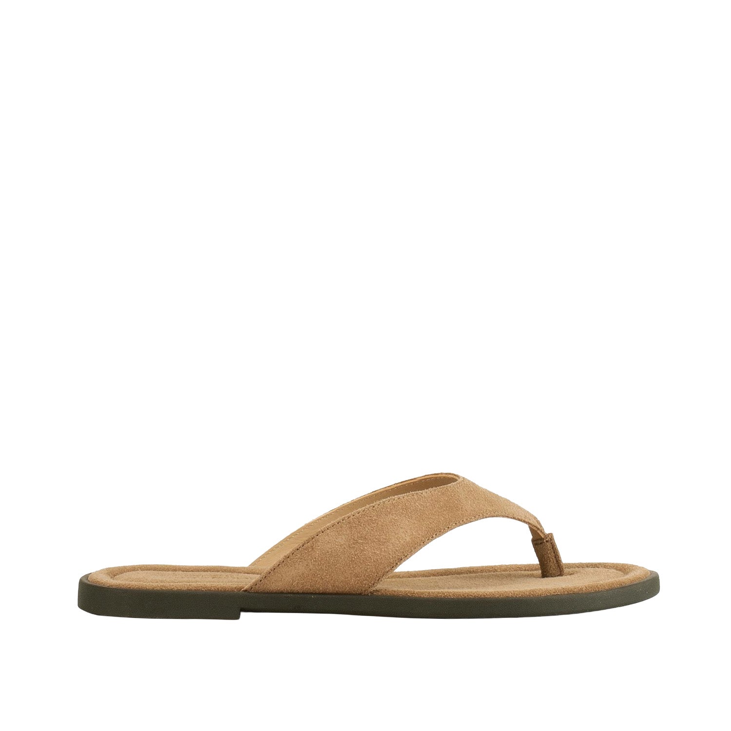 Tan suede flip flop with medium to thick toe-post strap. 
