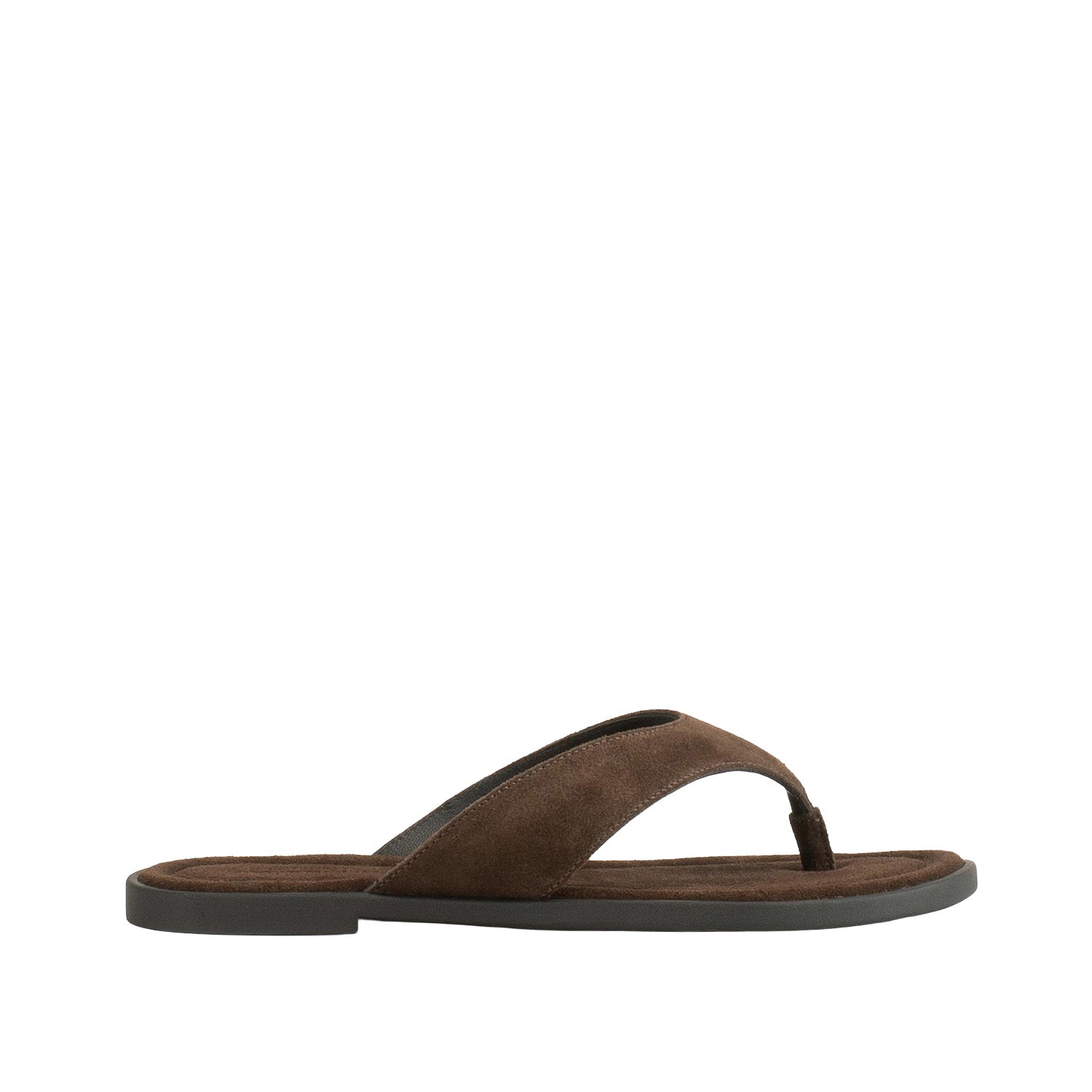 Brown suede flip flop with medium to thick toe-post strap. 